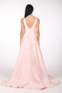 Back Image of Light Pink Satin Ball Gown Showing Open V Back