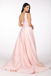 Light Pink V-Neck Open V Back Satin Ball Gown