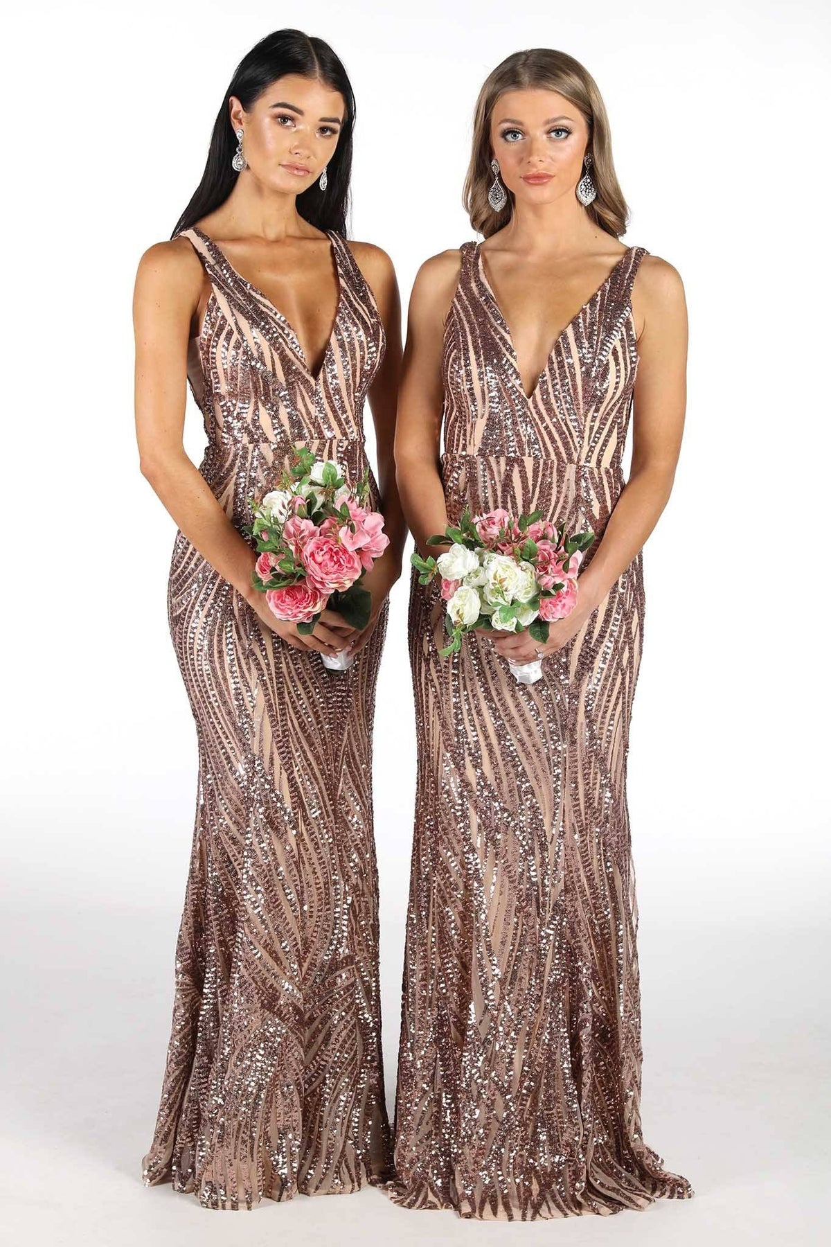 Bridesmaids in Shiny Sequin Floor Length Gown with Wavy Stripes of Rose Gold Embroidered Sequins, V Plunge Neckline and Open Back Design