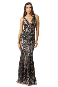 Black & Nude Floor Length Formal Sequin Gown with Wavy Stripes of Embroidered Black Sequins on Nude Lining, V Plunge Neckline and Open Back Design