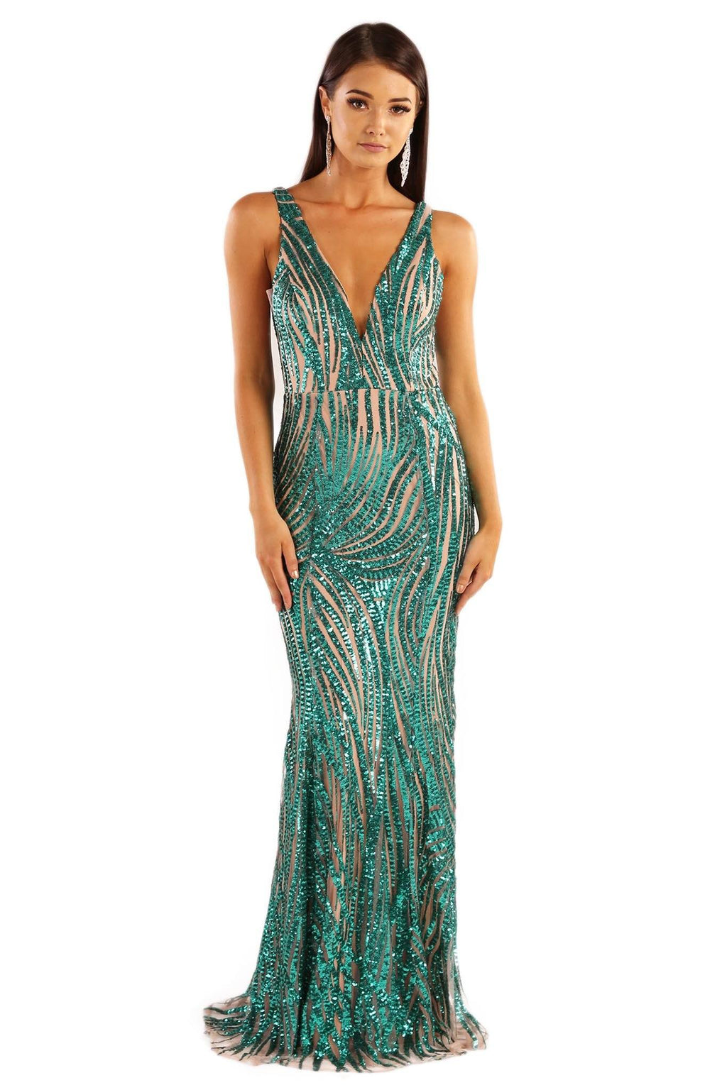Emerald Green Fitted Floor Length Formal Sequin Gown with Wavy Stripes of Embroidered Bright Green Sequins on Nude Lining, V Plunge Neckline and Open Back Design
