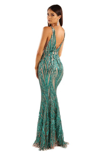 V Shape Open Back Design of Floor Length Formal Sequin Gown with Wavy Stripes of Embroidered Bright Green Sequins on Nude Lining and Deep V Neckline