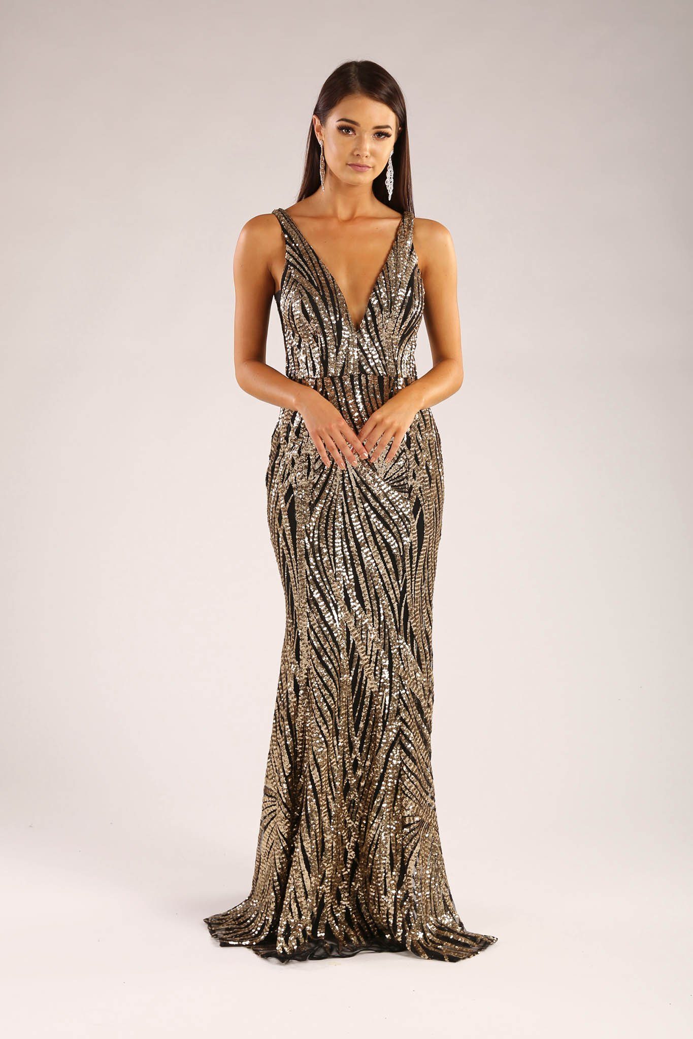 Evening Dress 2021 Gold Sequined Crystal O-Neck Black Floor-length Dinner  Gowns | eBay