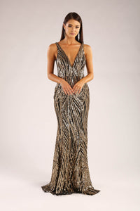 Gold and black sequin formal sleeveless gown with v plunge neckline and open back design