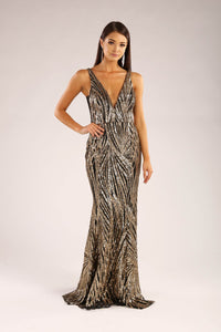 Gold and black sequin formal sleeveless gown with v plunge neckline and open back design