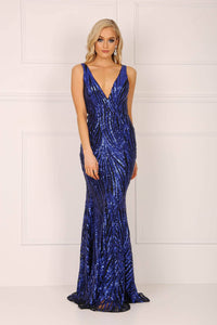 Navy embroidered sequin formal sleeveless gown with v plunge neckline and open back design