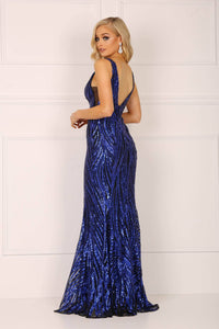 Navy embroidered sequin formal sleeveless gown with v plunge neckline and open back design