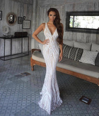 Blogger @shiraleecoleman wearing Sapphira Sequin Gown in White/Beige by Noodz Boutique