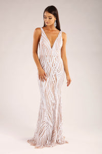 White and beige sequin formal sleeveless gown with v plunge neckline and open back design