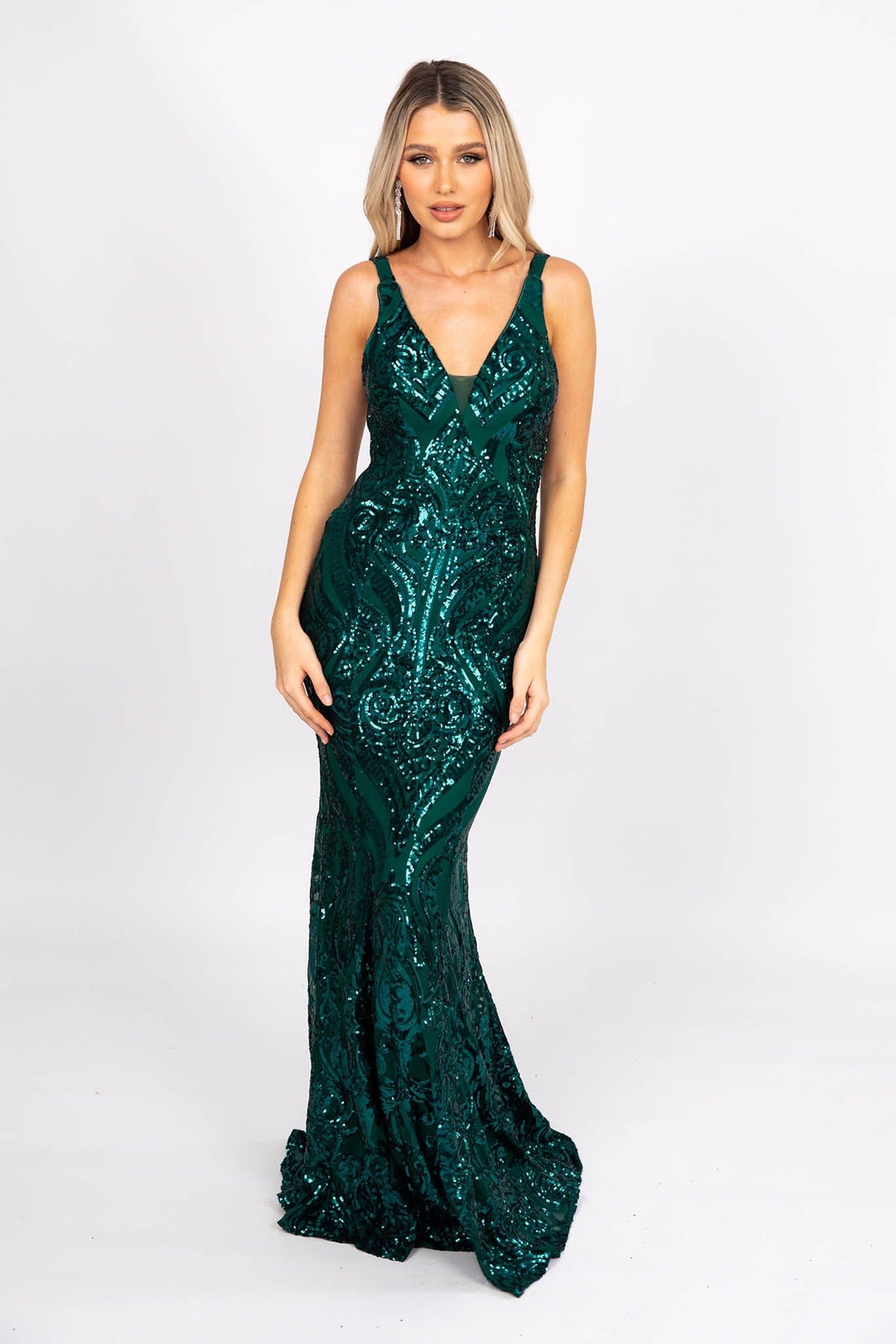 Emerald Green Pattern Sequinned Floor Length Formal Gown V Neckline and Backless Design