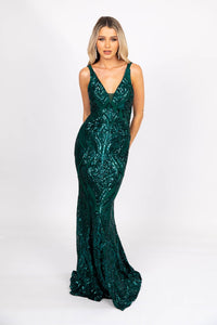 Emerald Green Pattern Sequinned Floor Length Formal Gown V Neckline and V Open Back Design