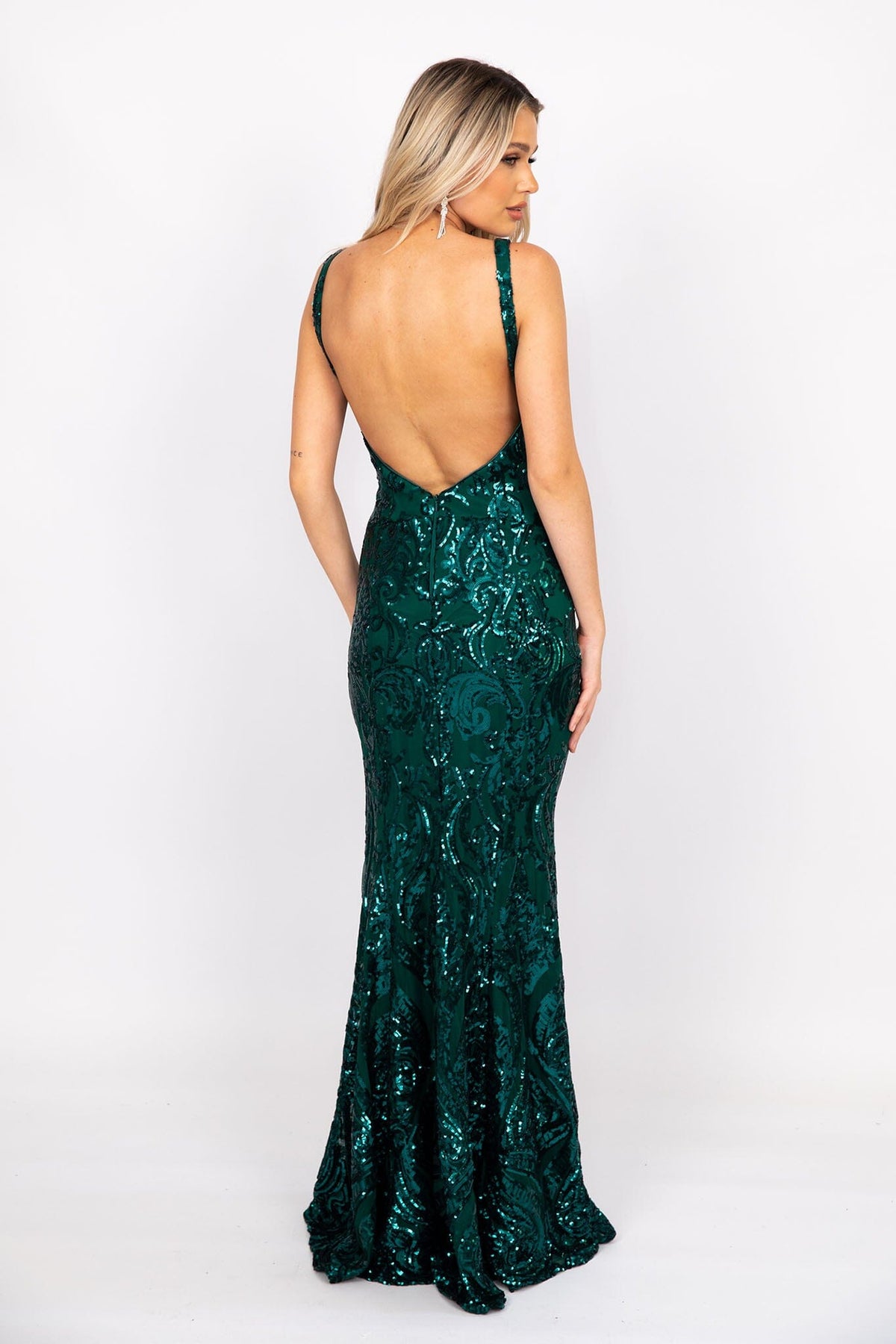 Backless Design of Emerald Green Pattern Sequinned Floor Length Formal Gown V Neckline and V Open Back