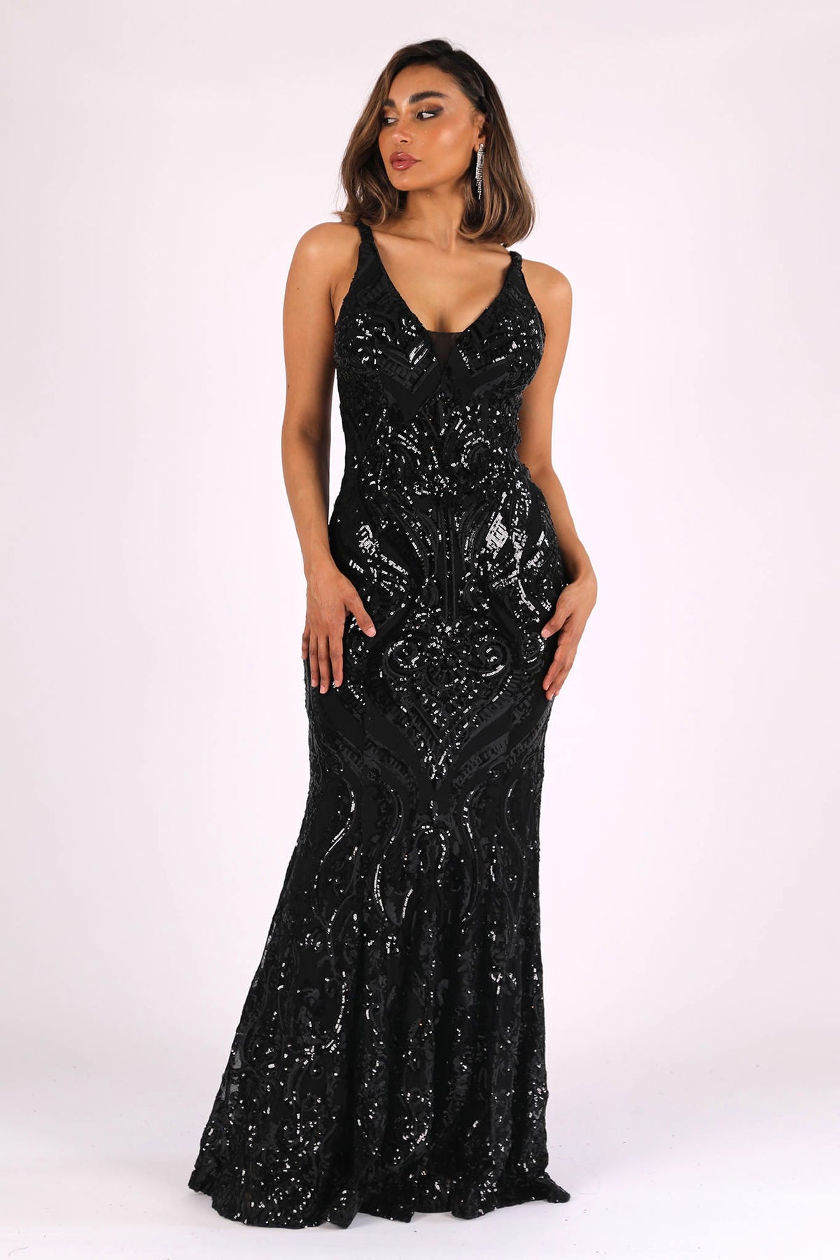 Black Pattern Sequinned Floor Length Formal Gown V Neckline and V Open Back Design
