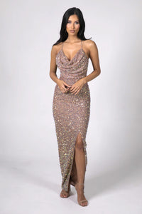 Dusty Rose Gold Sequin Maxi Evening Dress with Cowl Neckline, Thin Lace Up Straps on Open Back and Side Split