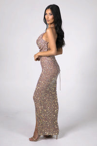 Side Image of Dusty Rose Gold Sequin Maxi Evening Dress with Cowl Neckline, Thin Lace Up Straps on Open Back and Side Split