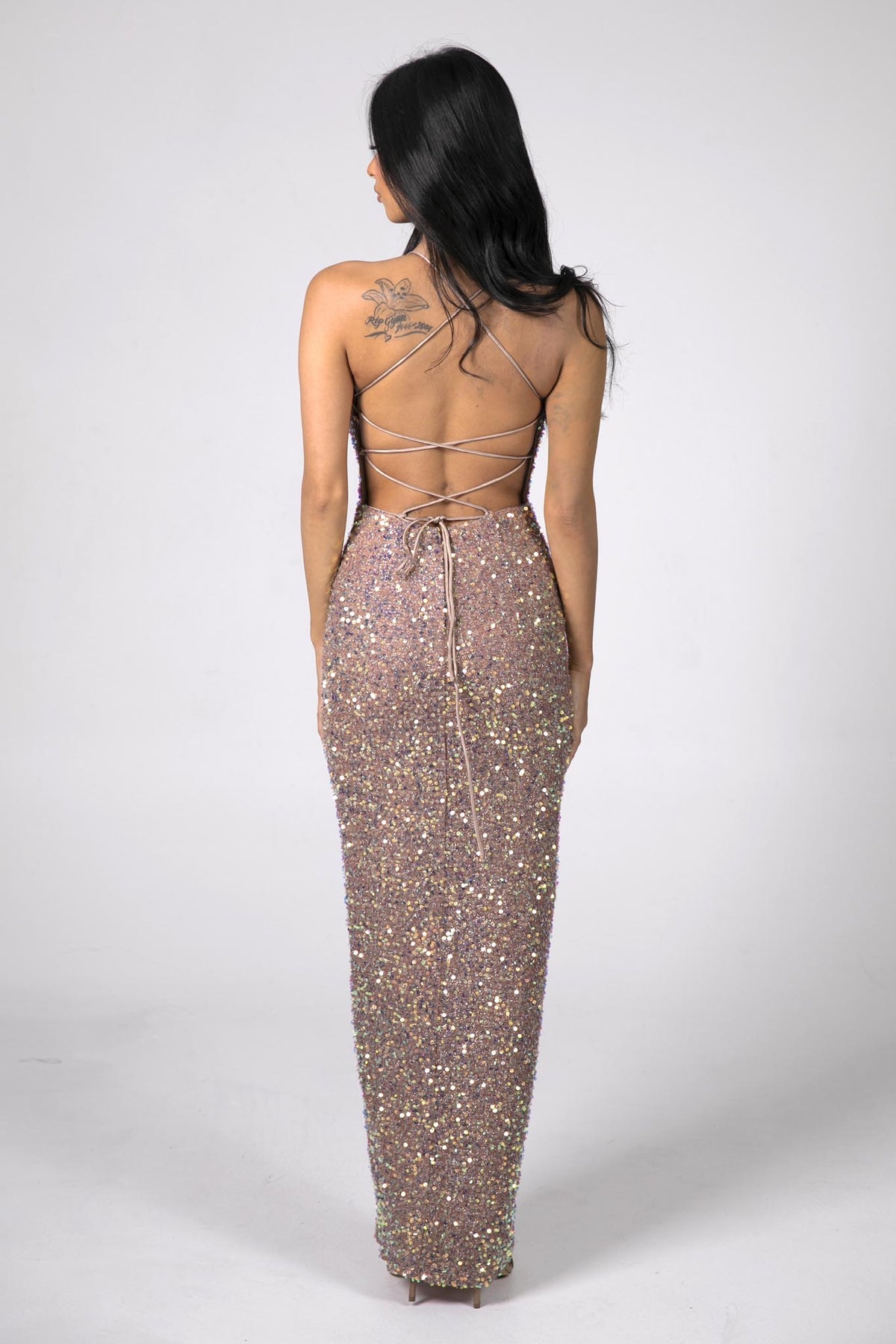 Lace Up Open Back of Dusty Rose Gold Sequin Maxi Evening Dress with Cowl Neckline and Side Split