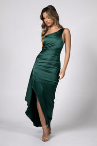 Form Fitting Satin Maxi Dress with One Shoulder Neckline, Gathering Detail at Waist and Frill Hemline in Deep Green Color