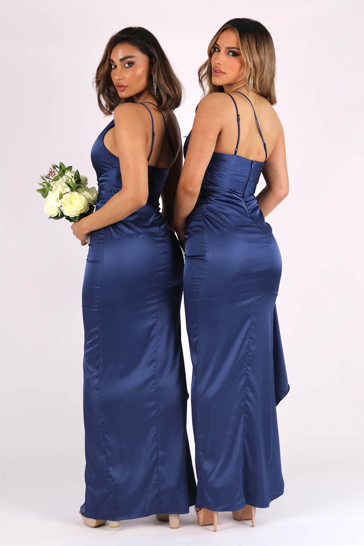 Back Image of 2 Bridesmaids wearing One Shoulder Satin Maxi Dress with Gathering Detail at Waist, Side Split and Frill Hemline in Navy Blue Color