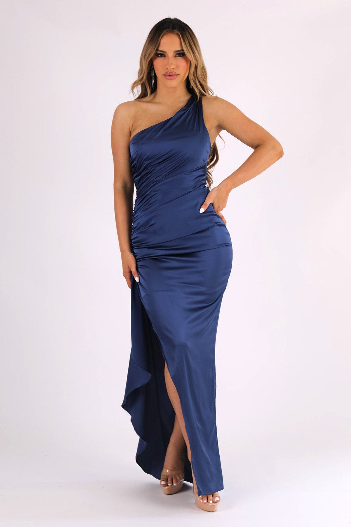 Form Fitting Satin Maxi Dress with One Shoulder Neckline, Gathering Detail at Waist and Frill Hemline in Navy Blue Color