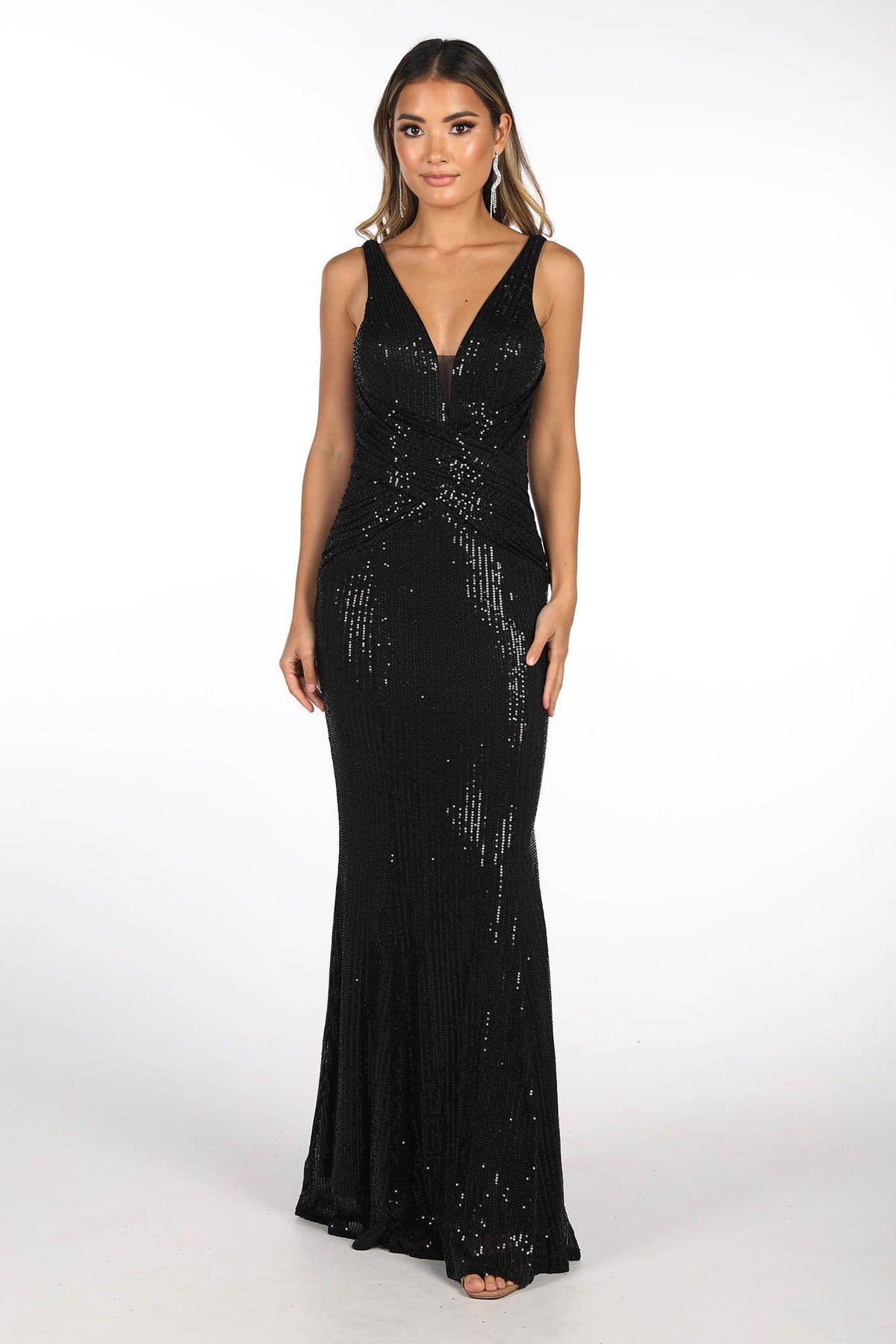 Black Full Length Sequin Evening Gown featuring V Neckline with mesh insert at bust, Gathering Detail at the centre front and Open V Back