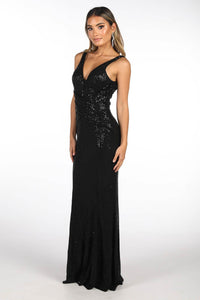 Side Image of Black Full Length Sequin Evening Gown featuring V Neckline with mesh insert at bust, Gathering Detail at the centre front and Open V Back