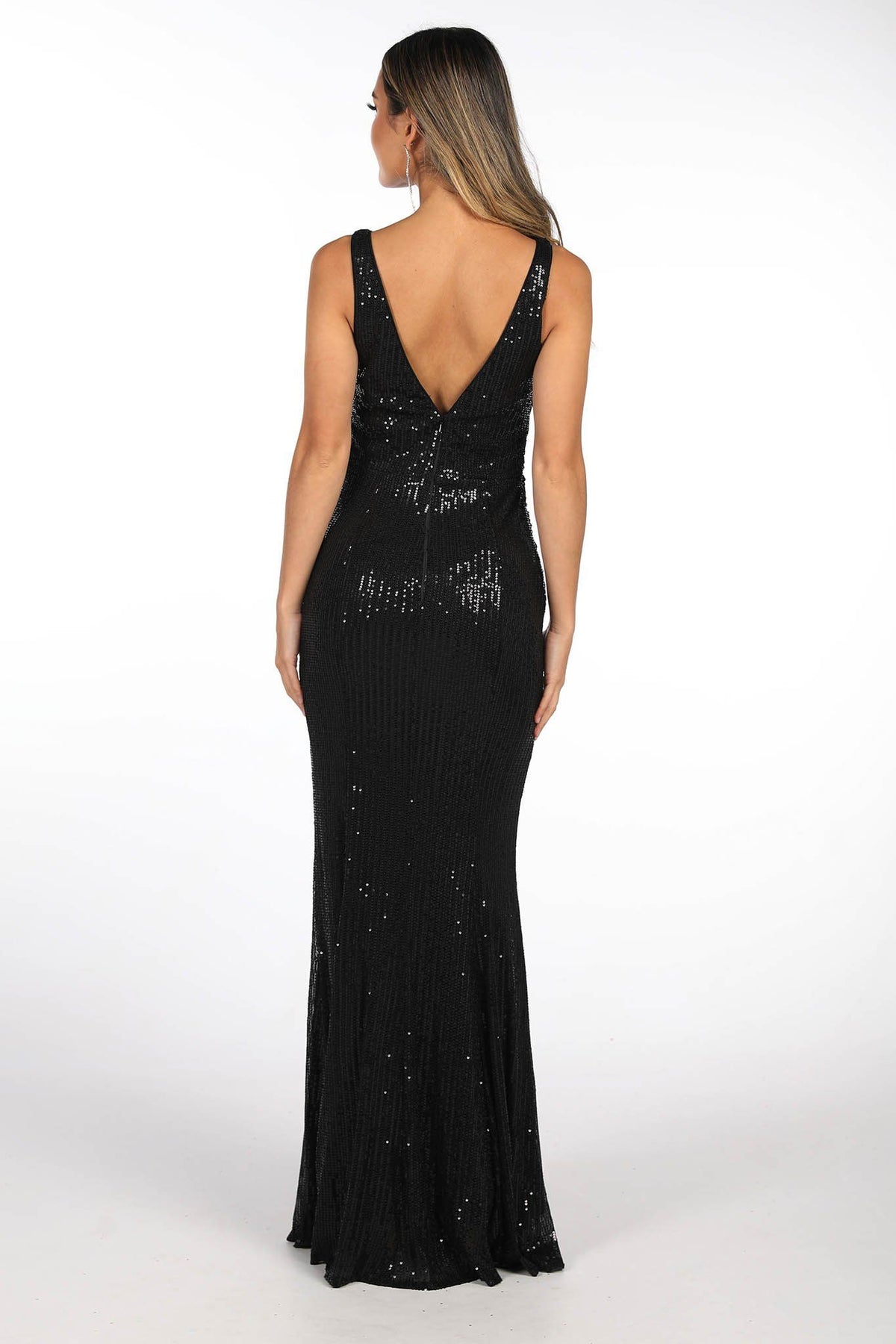 V Open Back Design of Black Full Length Sequin Evening Gown featuring V Neckline with mesh insert at bust, Gathering Detail at the centre front and Open V Back