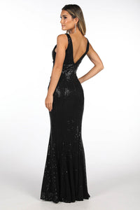 V Open Back Design of Black Full Length Sequin Evening Gown featuring V Neckline with mesh insert at bust, Gathering Detail at the centre front and Open V Back