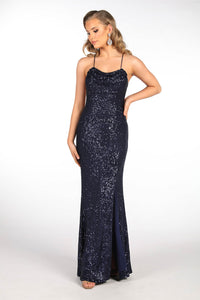 Deep Navy Blue Floor Length Sequin Gown featuring Round Neckline with Gathering Detail at Bust, Side Leg Slit, Thin Shoulder Straps and Lace Up Back