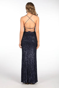 Lace Up on Open Back Design of Deep Navy Blue Floor Length Sequin Gown featuring Round Neckline with Gathering Detail at Bust, Side Leg Slit, Thin Shoulder Straps