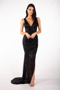 Black Glistened Sequin Full Length Fitted Evening Dress with Deep V Neck, Side Split, Open V Back and small trail