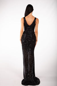 Back Image of Black Glistened Sequin Full Length Fitted Evening Dress with Deep V Neck, Side Split, Open V Back and small trail