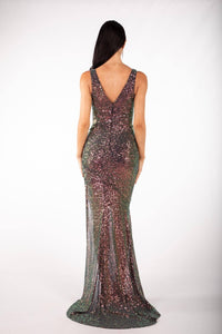 Back Image of Deep Copper Brown Sequin Full Length Fitted Evening Dress with Deep V Neck, Side Split, Open V Back and small trail