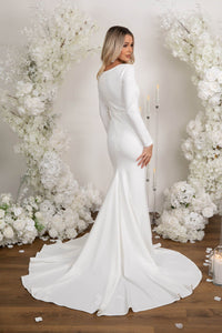Closed Back Design of Ivory White Long Sleeve Fitted Wedding Gown with Boat Neckline, Closed Back and Long Train