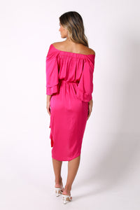 Back Image showing open off shoulder design of Fuchsia Bright Pink Off The Shoulder Long Sleeve Satin Midi Dress with Faux Wrap Design