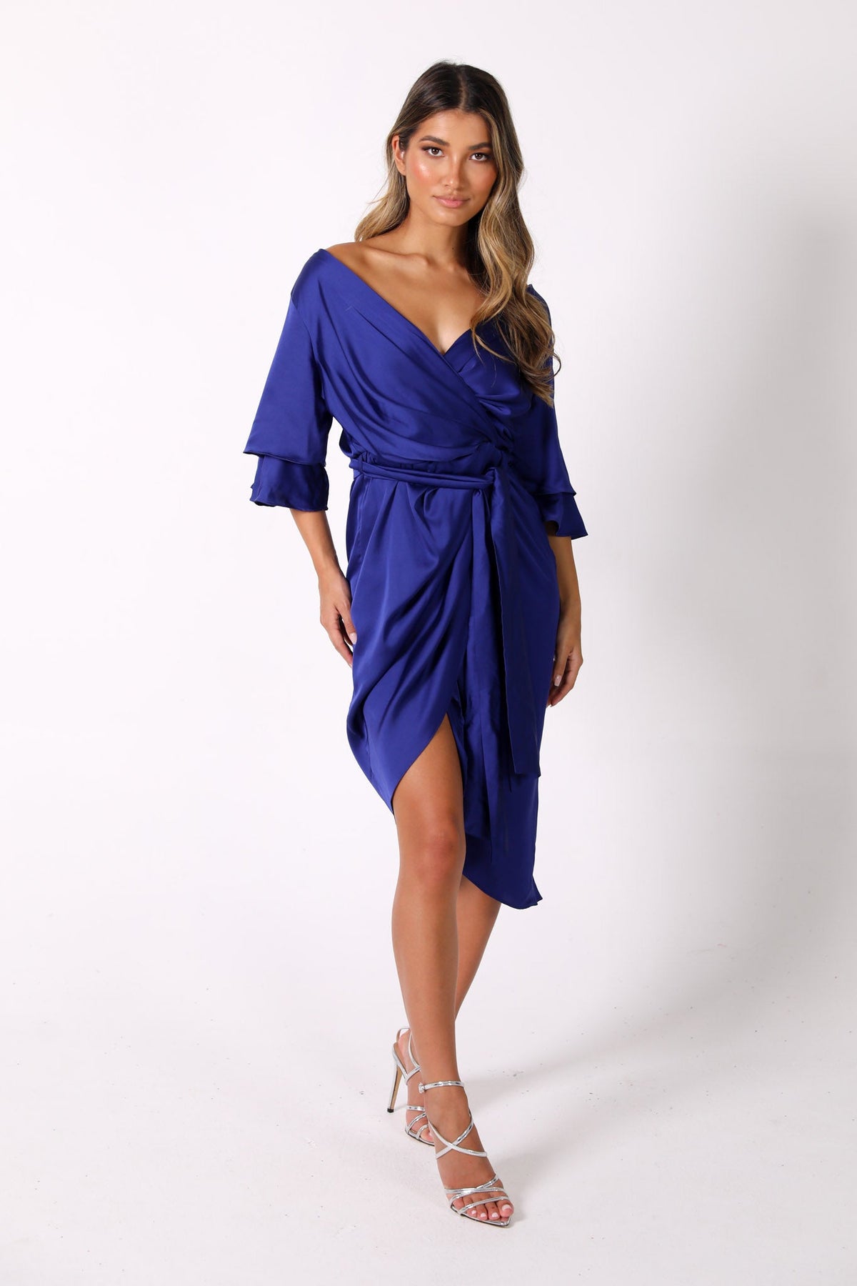 Vittoria Satin Off The Shoulder Wrap Dress in Royal Blue S