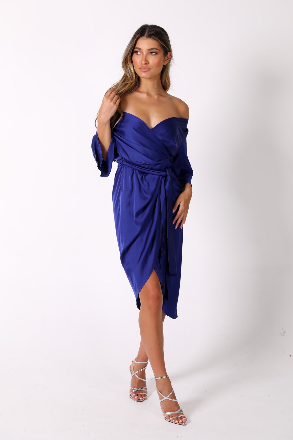 Royal Blue Off The Shoulder Long Sleeve Satin Midi Dress with Faux Wrap Design