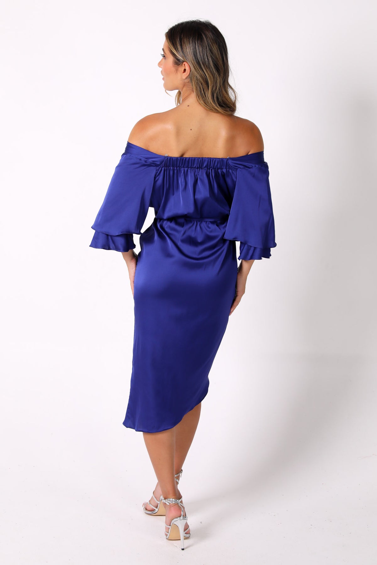 Vittoria Satin Off The Shoulder Wrap Dress in Royal Blue