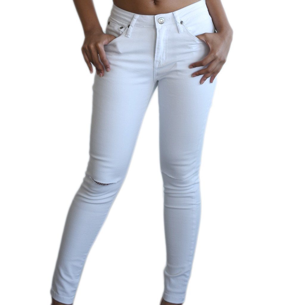 White Mid Waist Stretchy Skinny Jeans Ripped Knees