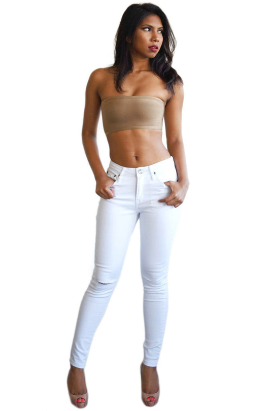 Mid Waist Skinny Jeans Ripped Knees - White
