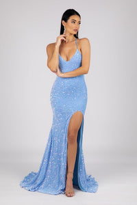 Light Blue Velvet Sequin Full Length Evening Gown with V Neckline, Thin Shoulder Straps, Thigh High Side Split and Lace Up Open Back