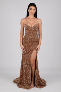 Bronze Gold Colored Velvet Sequin Full Length Evening Gown with V Neckline, Thin Shoulder Straps, Thigh High Side Split and Lace Up Open Back