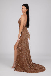 Thigh High Side Split of Bronze Gold Colored Velvet Sequin Full Length Evening Gown with V Neckline, Thin Shoulder Straps and Lace Up Open Back