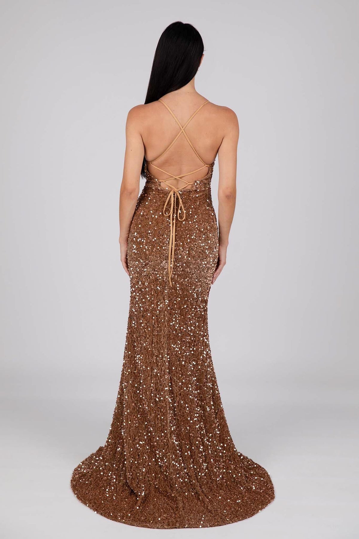 Lace Up Open Back of Bronze Gold Colored Velvet Sequin Full Length Evening Gown with V Neckline, Thin Shoulder Straps and Thigh High Side Split