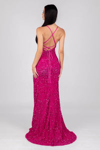 Lace Up Open Back Design of Bright Pink Velvet Sequin Full Length Evening Gown with V Neckline, Thin Shoulder Straps, Thigh High Side Split