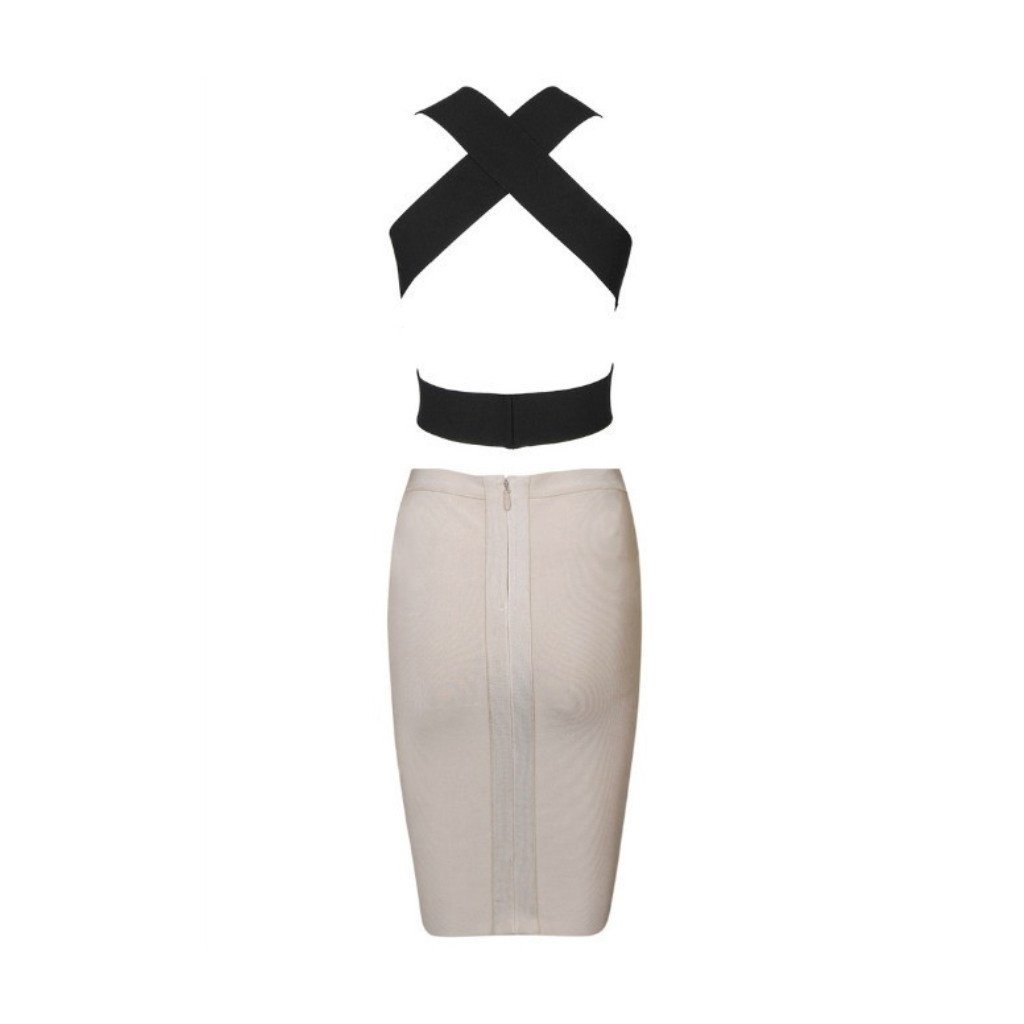 Back of black V plunging neckline bandage crop top with side cutouts and crisscross band design at the back paired with nude midi pencil bandage skirt
